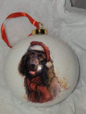 Christmas Ornament Curly Head Retriever w/ Santa Hat & Matching Scarf
